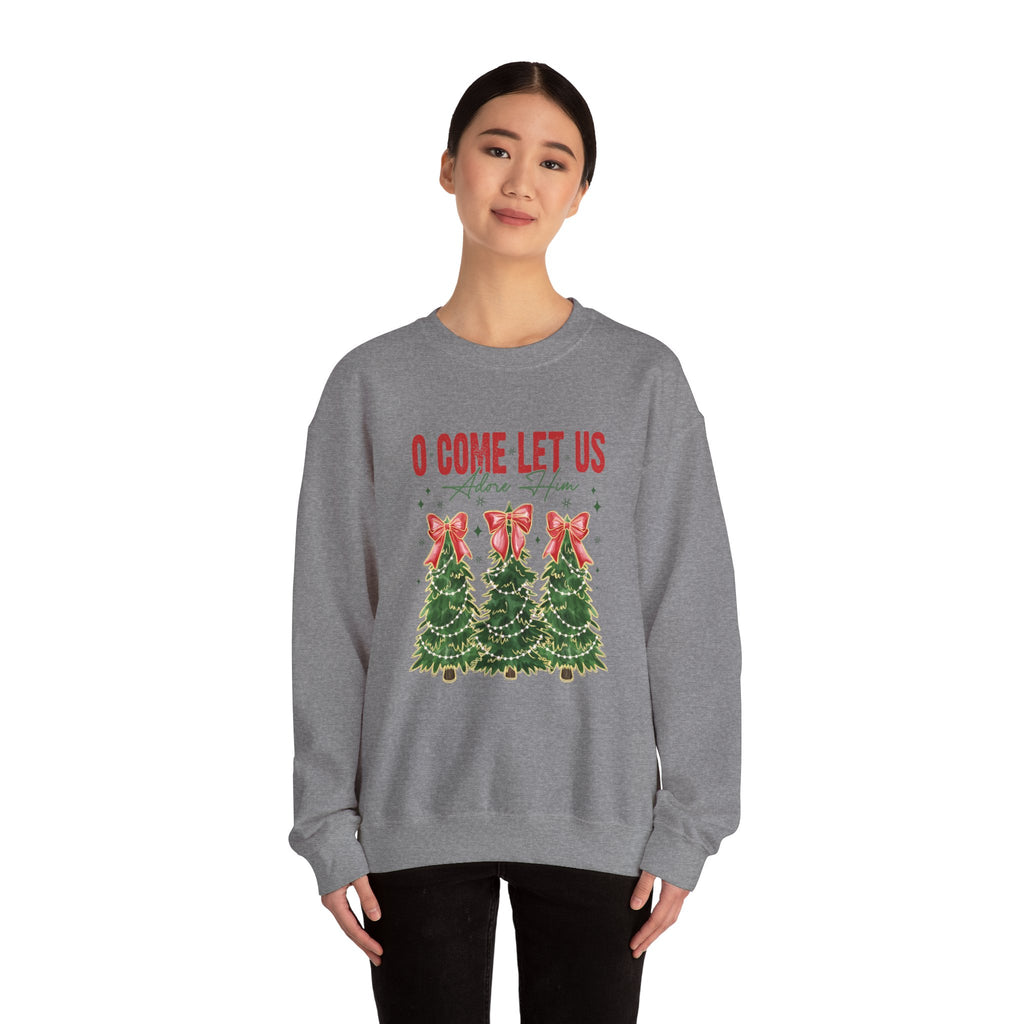 O Come Let Us Adore Him Crewneck Sweatshirt - Christmas Tree Caroling Holiday Sweater