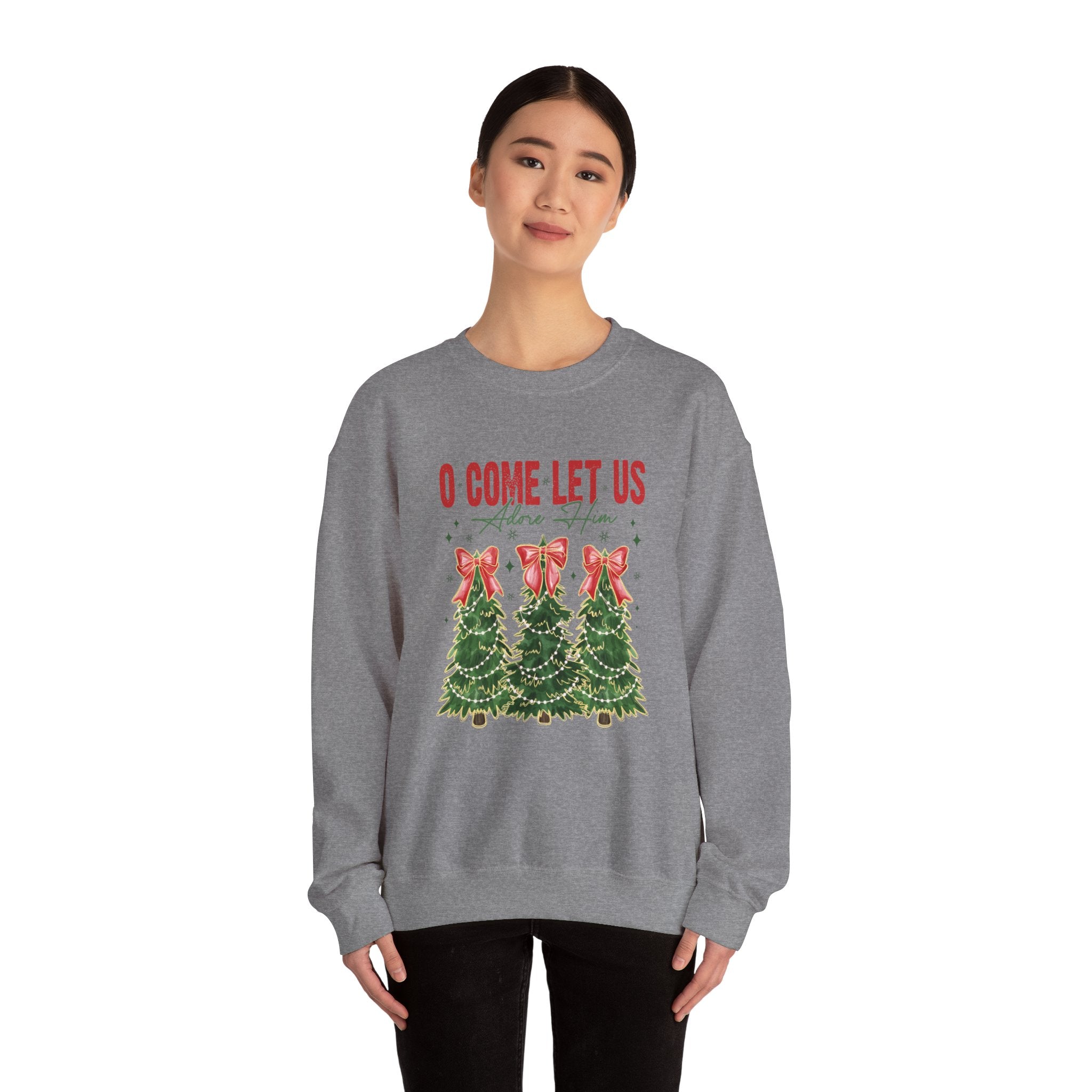 O Come Let Us Adore Him Crewneck Sweatshirt - Christmas Tree Caroling Holiday Sweater