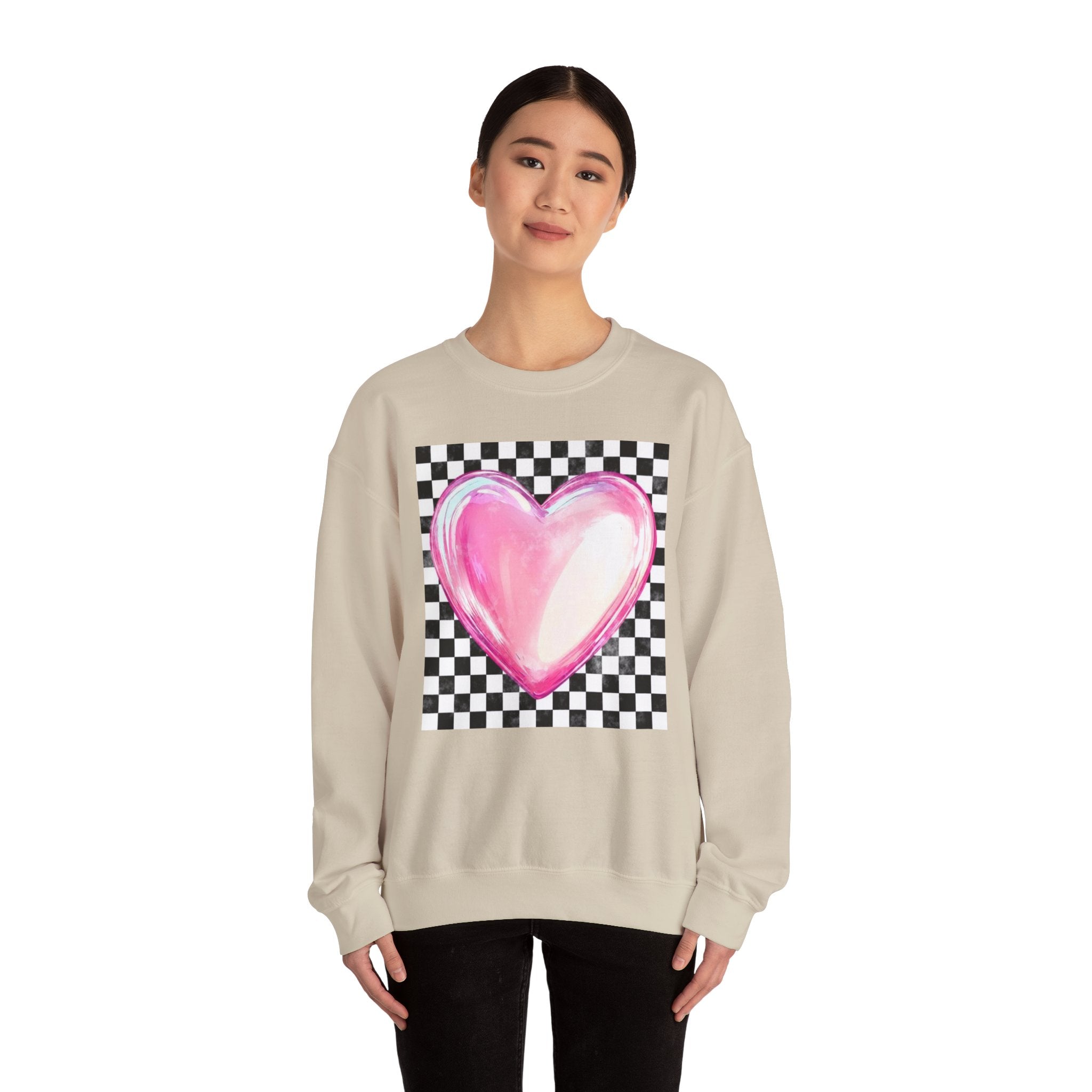 Pink Heart Checkerboard- Adult Crewneck Sweatshirt