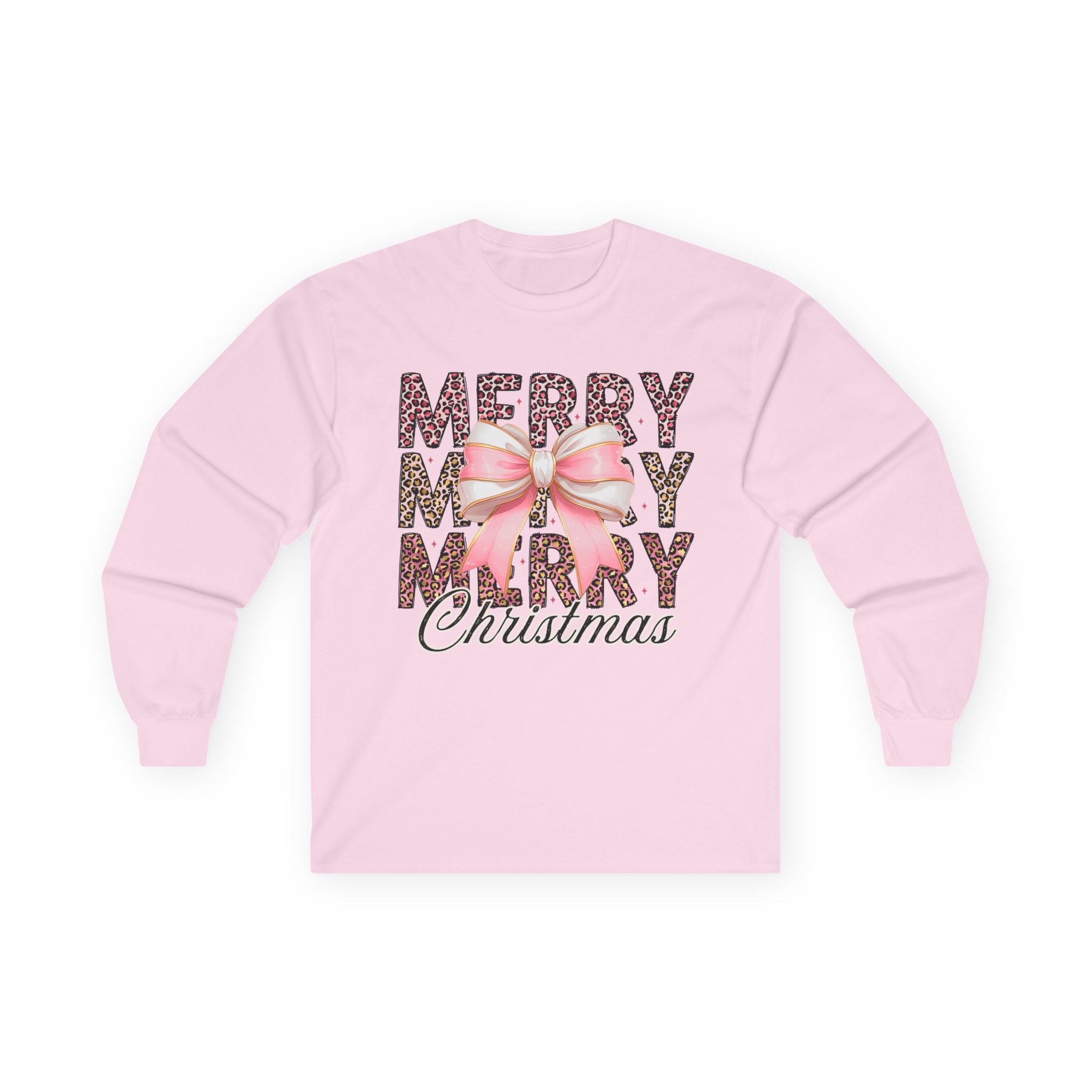 Merry Merry Christmas Leopard Print with Pink Bow - Adult Crewneck Sweatshirt