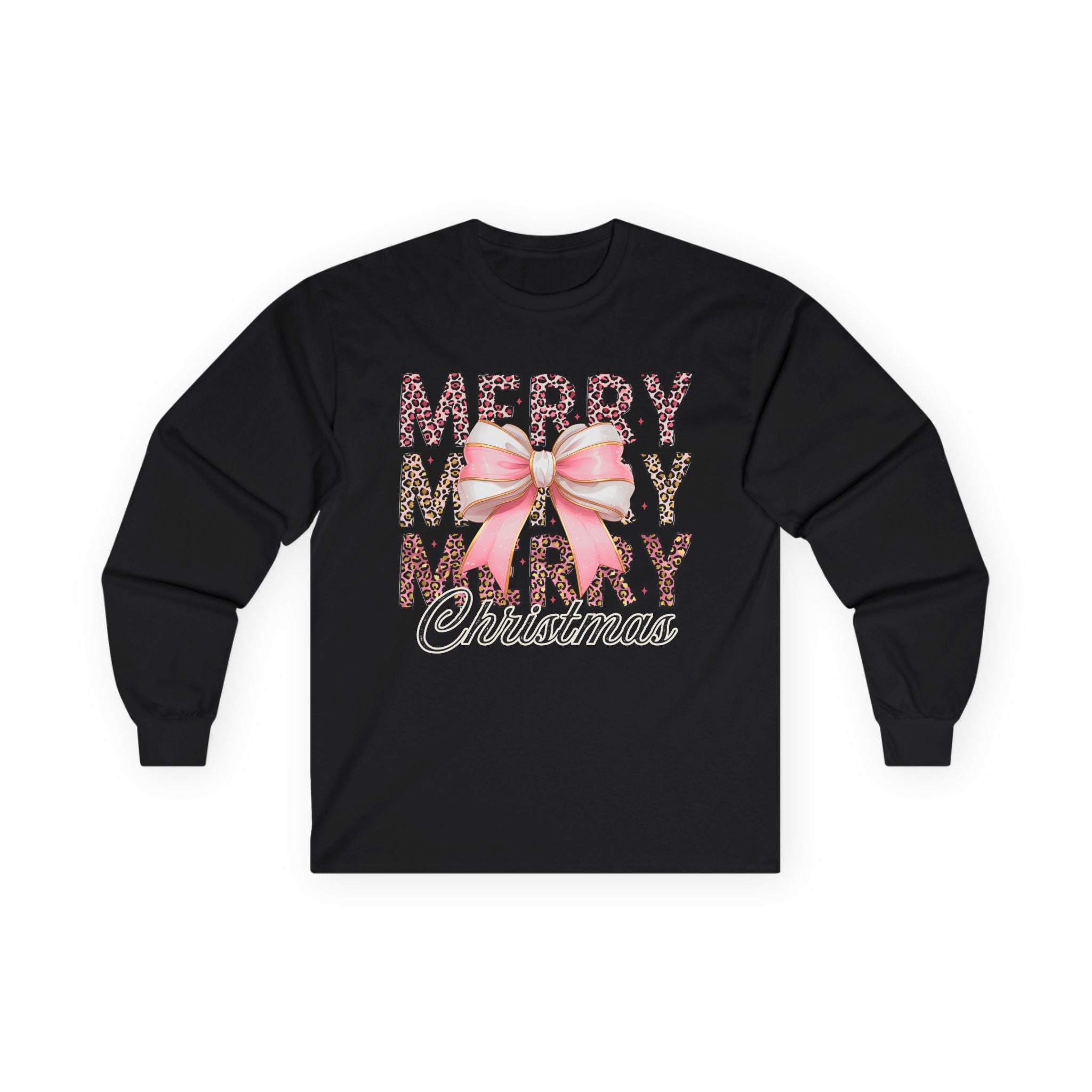 Merry Merry Christmas Leopard Print with Pink Bow - Adult Crewneck Sweatshirt