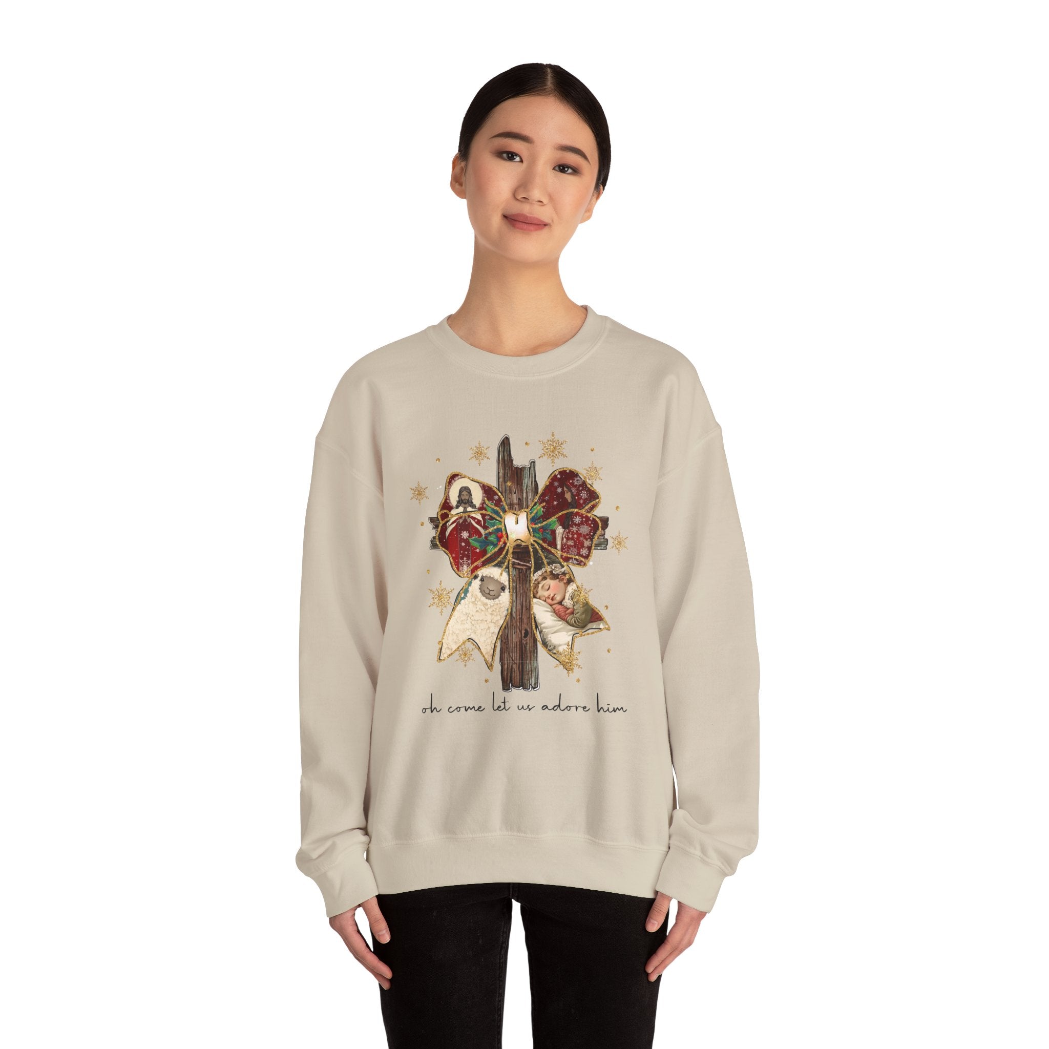 Rustic Christmas Cross with Bow- Adult Crewneck Sweatshirt
