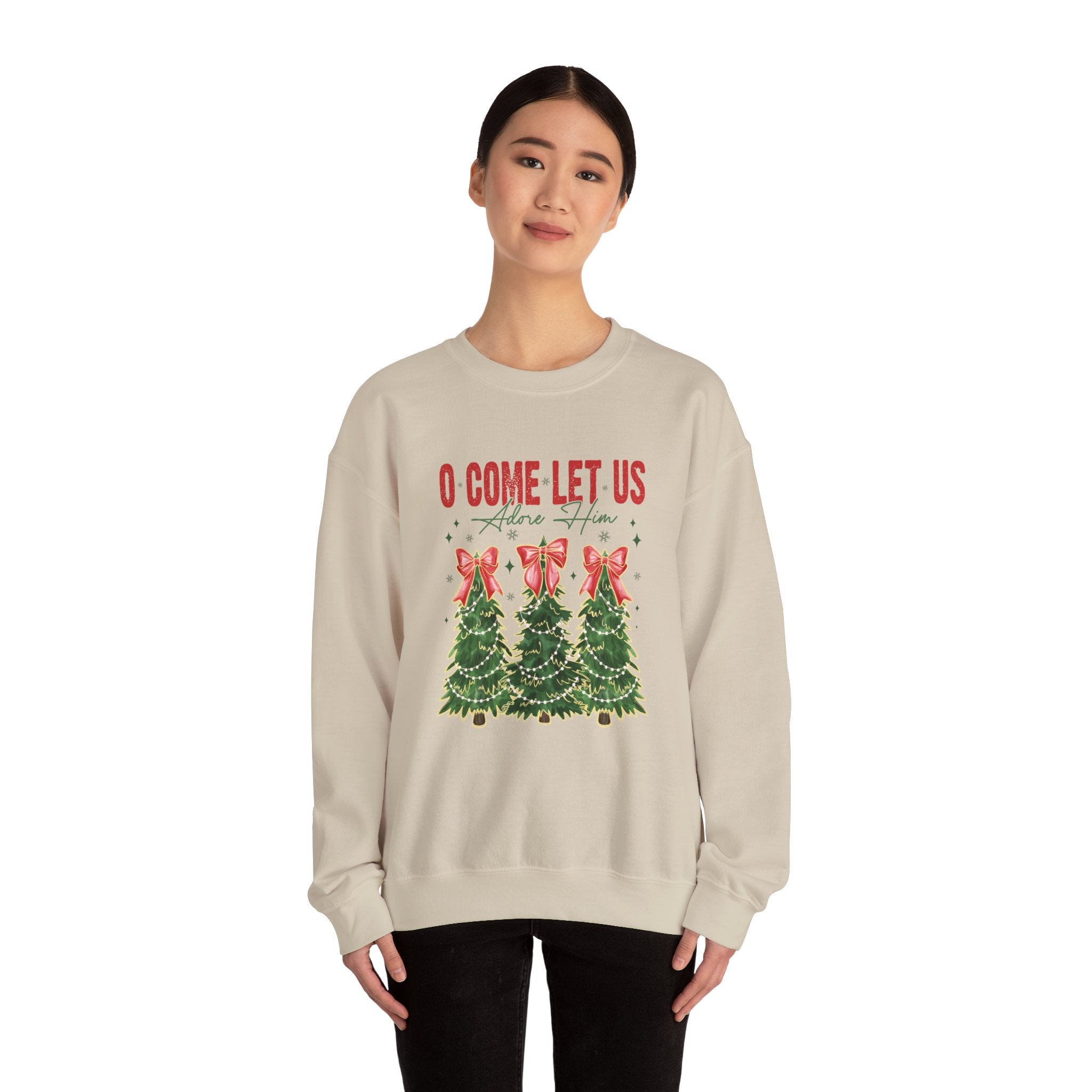 O Come Let Us Adore Him Crewneck Sweatshirt - Christmas Tree Caroling Holiday Sweater