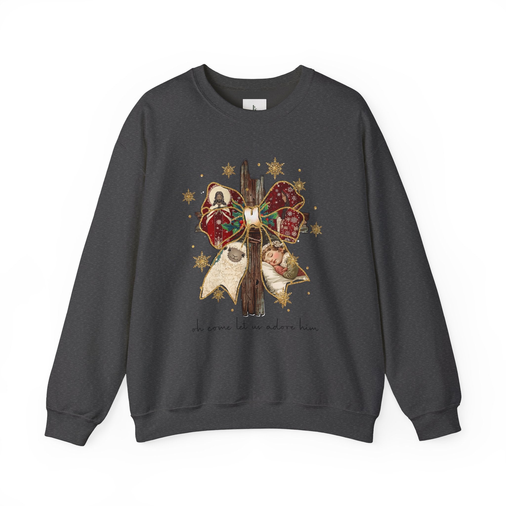Rustic Christmas Cross with Bow- Adult Crewneck Sweatshirt