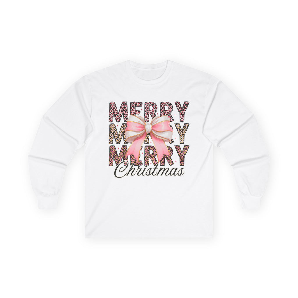 Merry Merry Christmas Leopard Print with Pink Bow - Adult Crewneck Sweatshirt