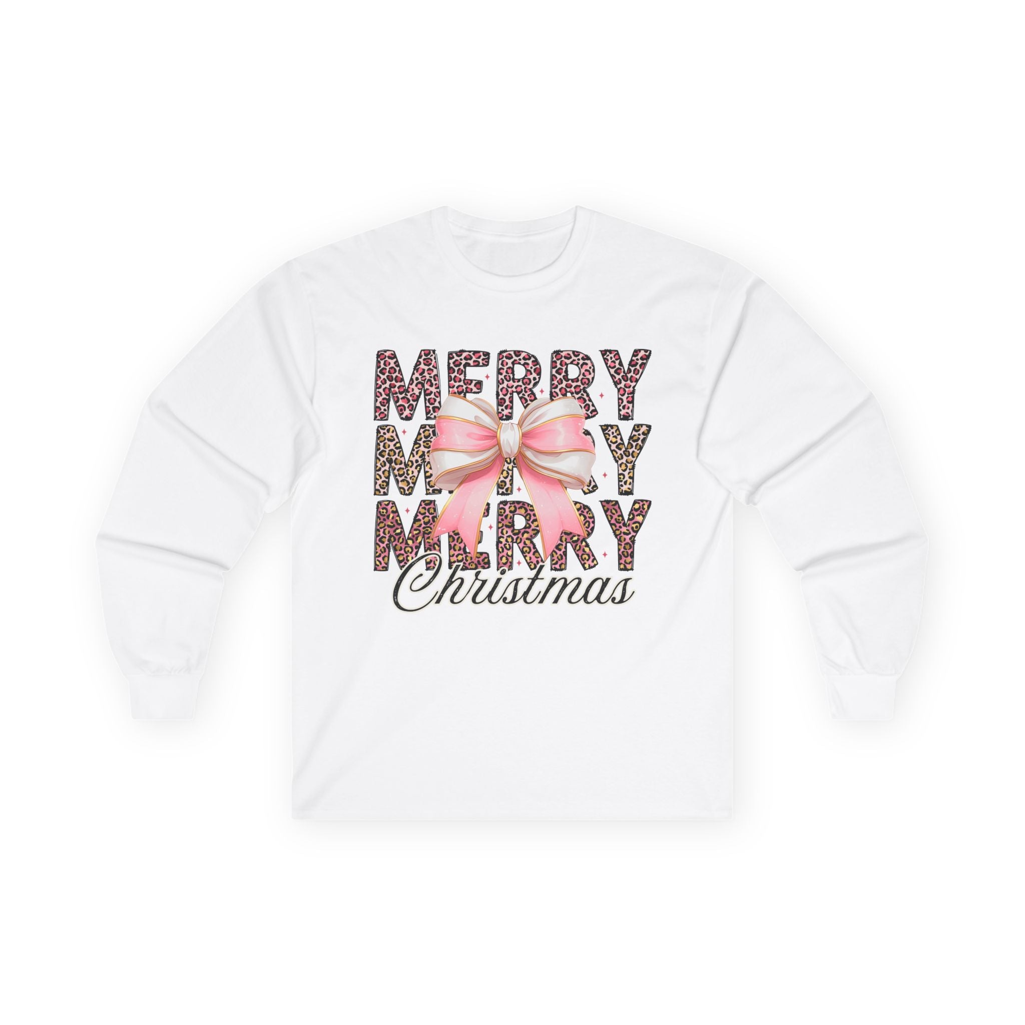 Merry Merry Christmas Leopard Print with Pink Bow - Adult Crewneck Sweatshirt