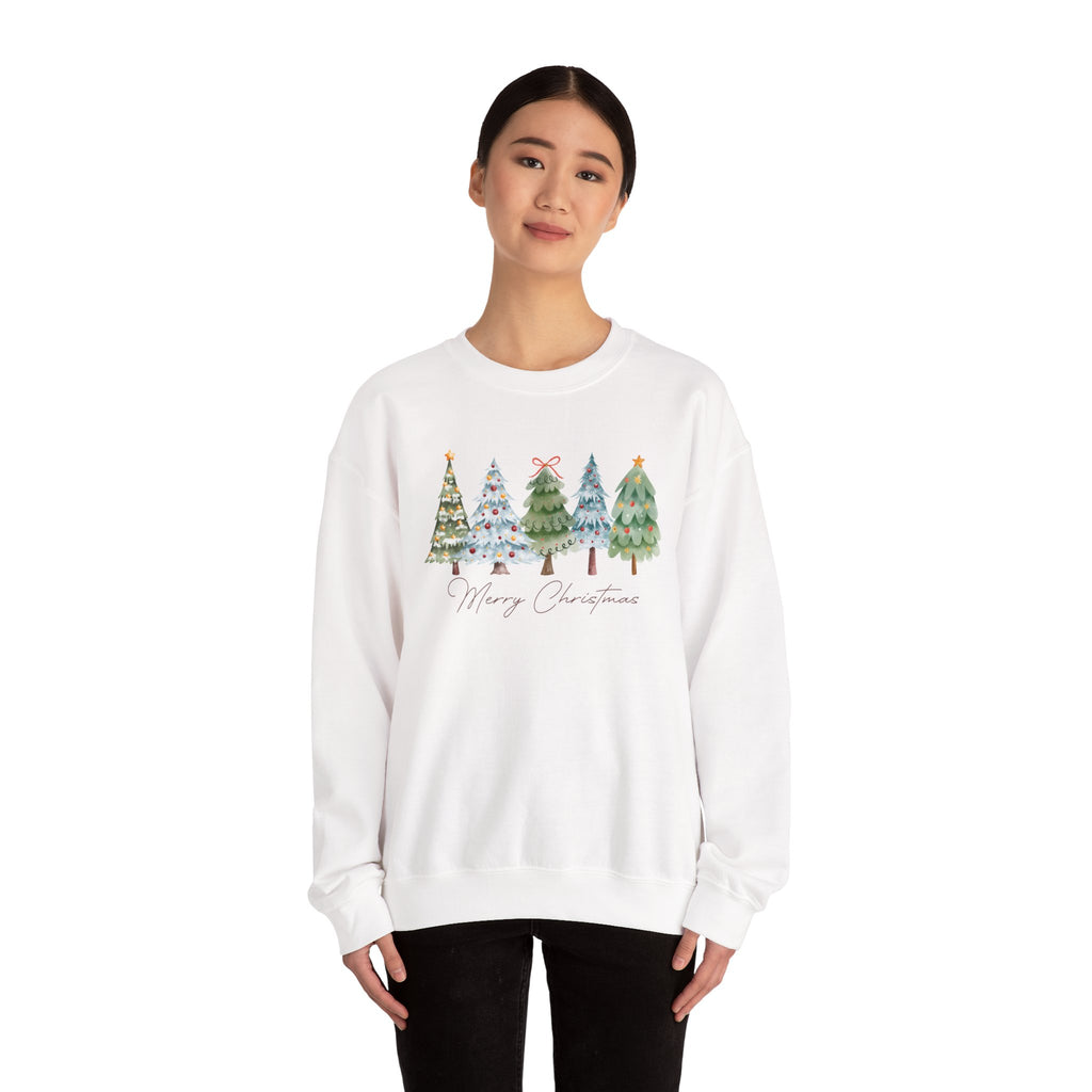 Merry Christmas Watercolor Trees - Adult Crewneck Sweatshirt
