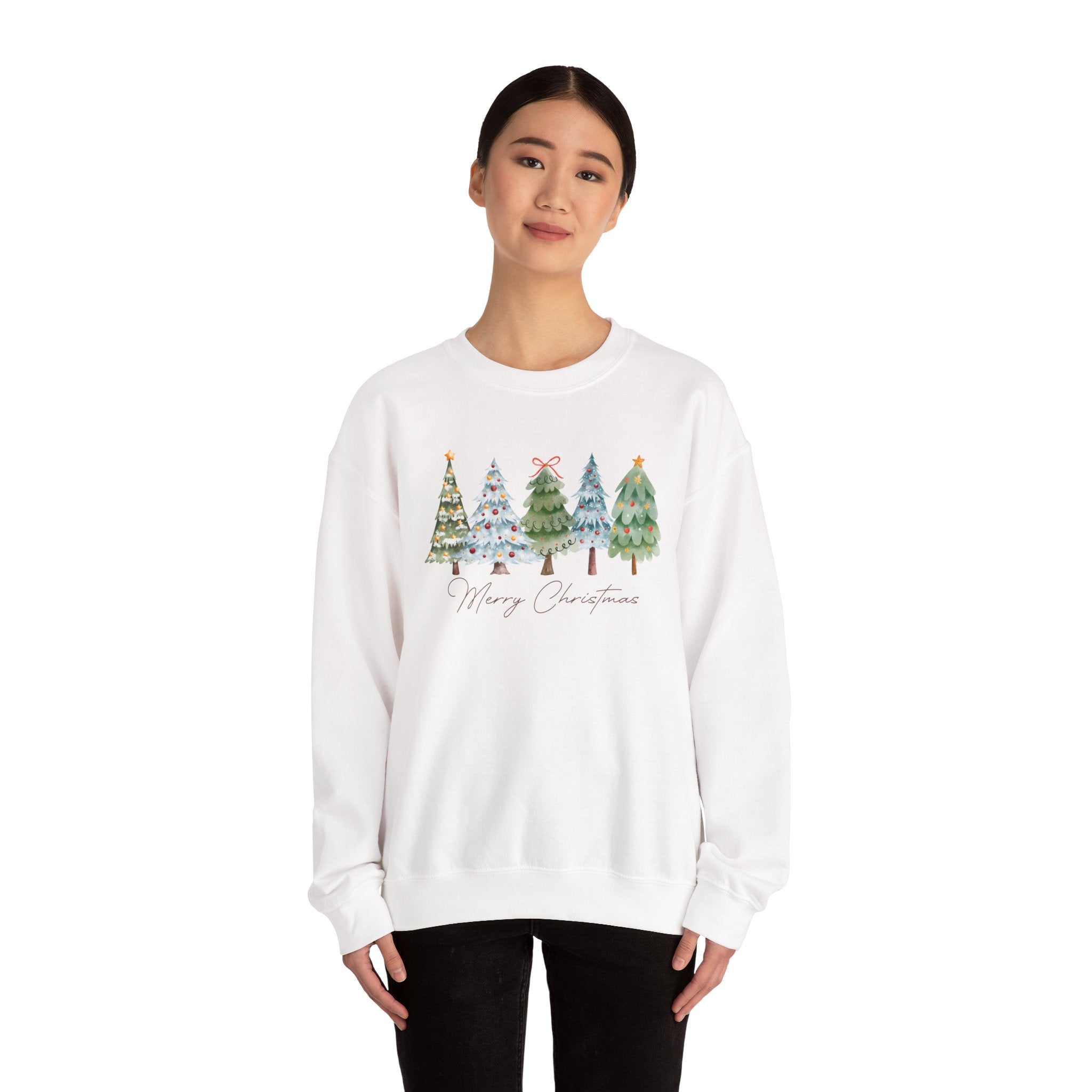 Merry Christmas Watercolor Trees - Adult Crewneck Sweatshirt