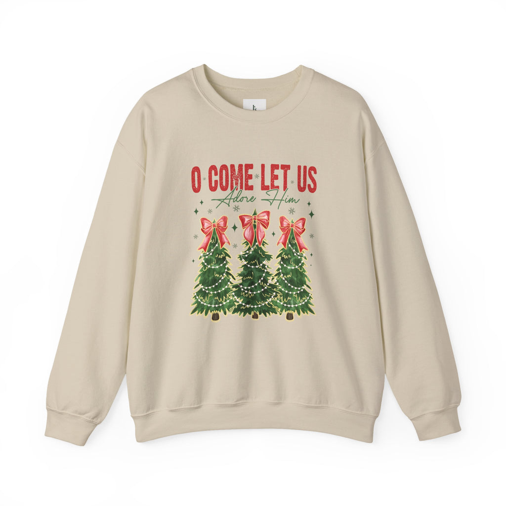 O Come Let Us Adore Him Crewneck Sweatshirt - Christmas Tree Caroling Holiday Sweater