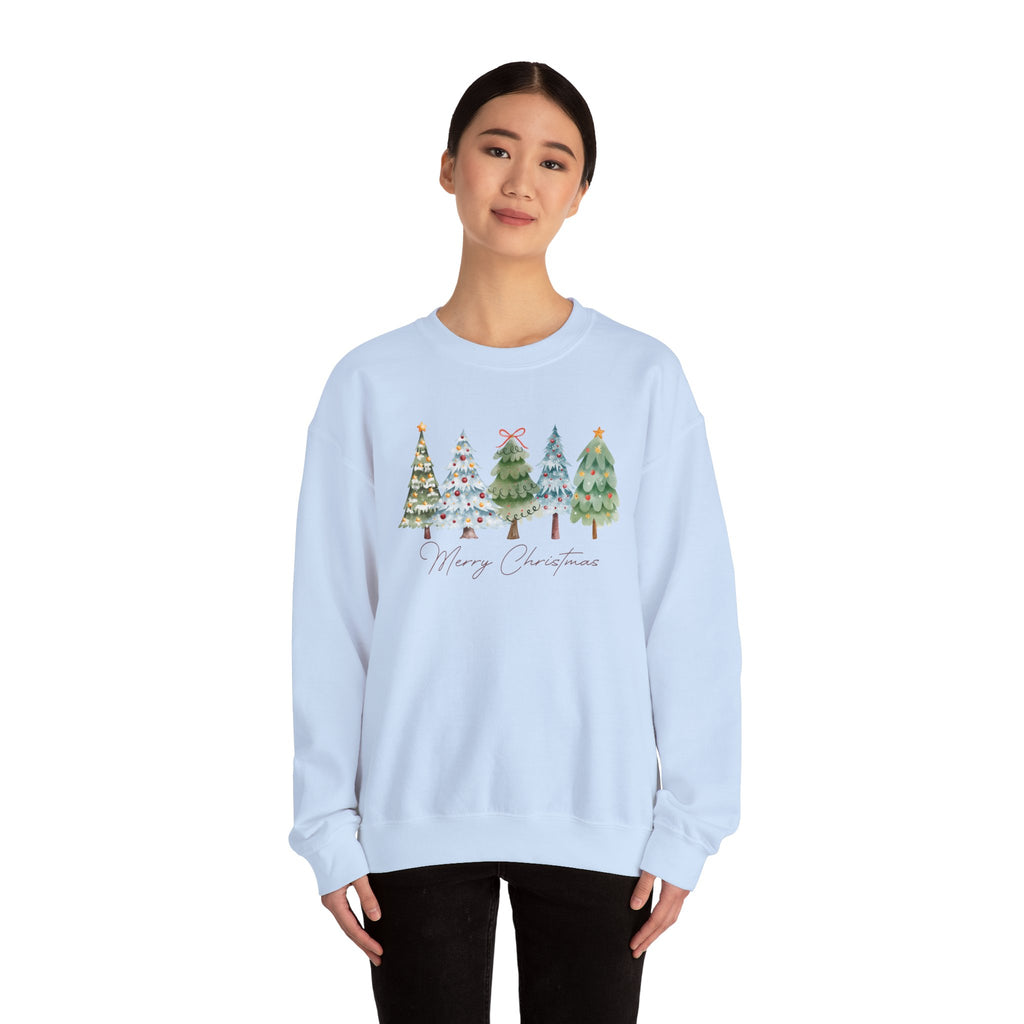 Merry Christmas Watercolor Trees - Adult Crewneck Sweatshirt