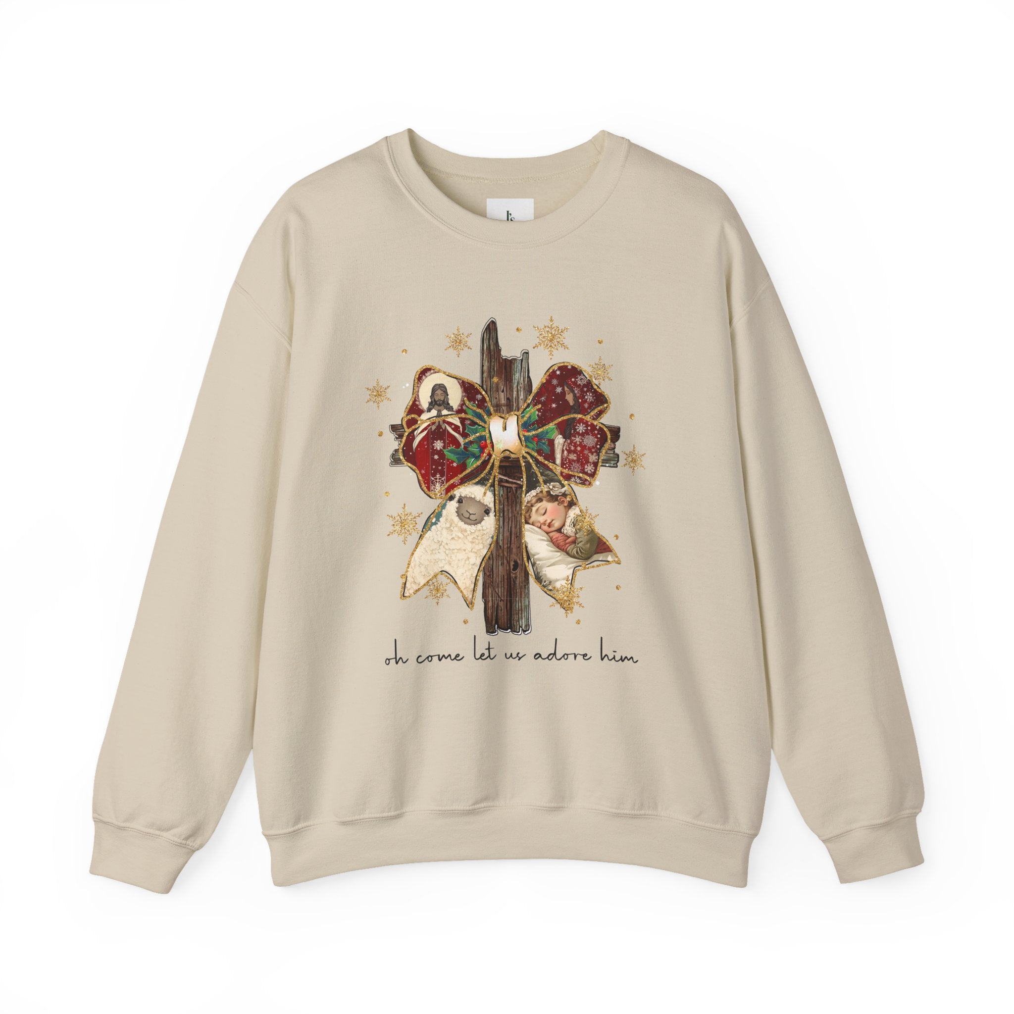 Rustic Christmas Cross with Bow- Adult Crewneck Sweatshirt