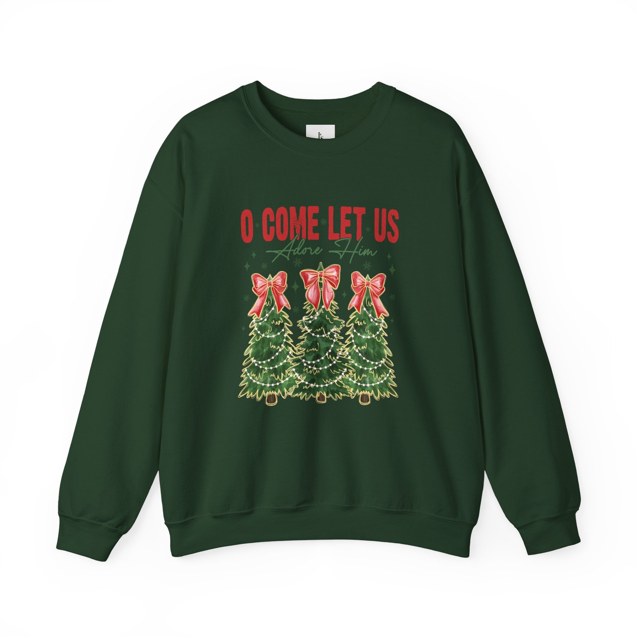 O Come Let Us Adore Him Crewneck Sweatshirt - Christmas Tree Caroling Holiday Sweater