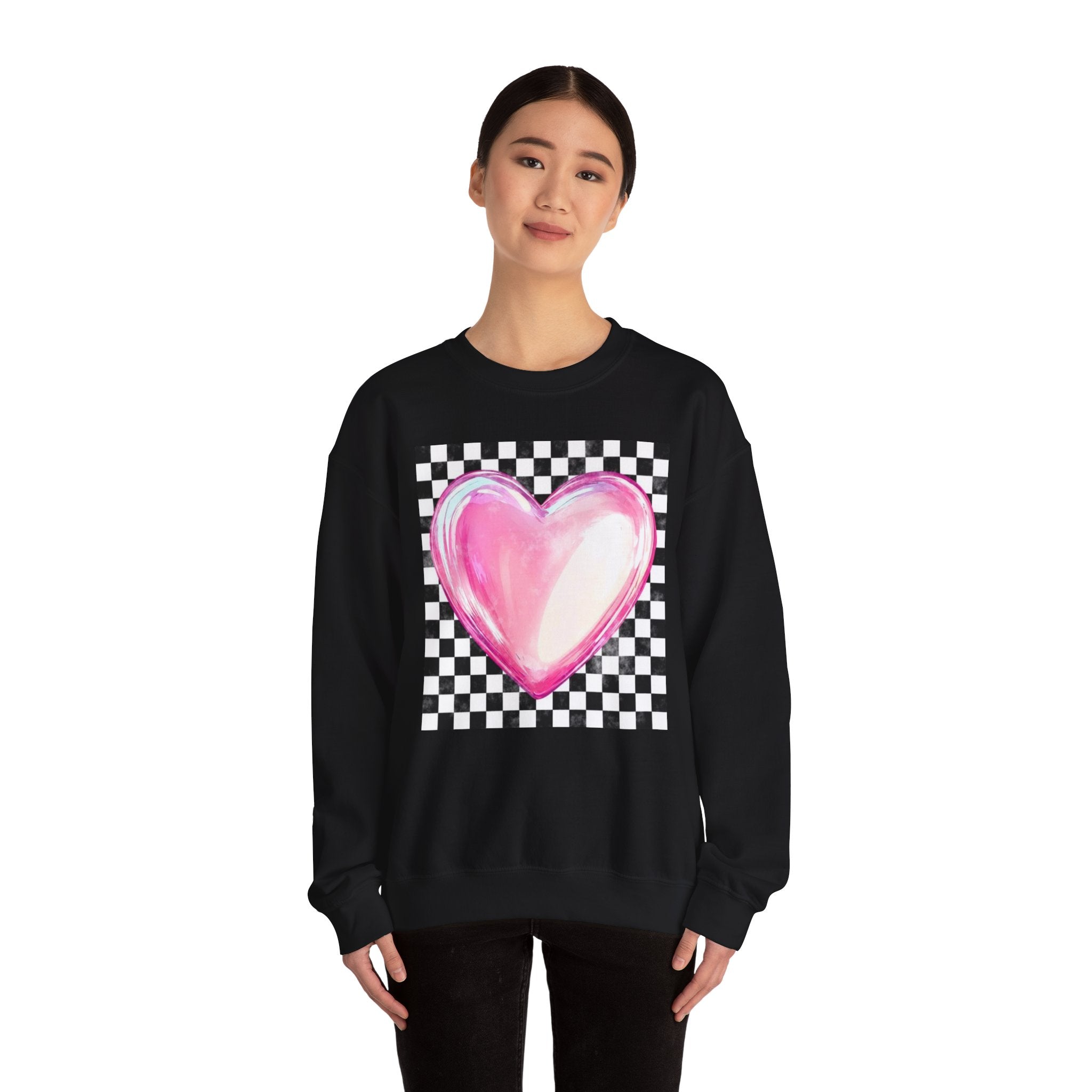 Pink Heart Checkerboard- Adult Crewneck Sweatshirt