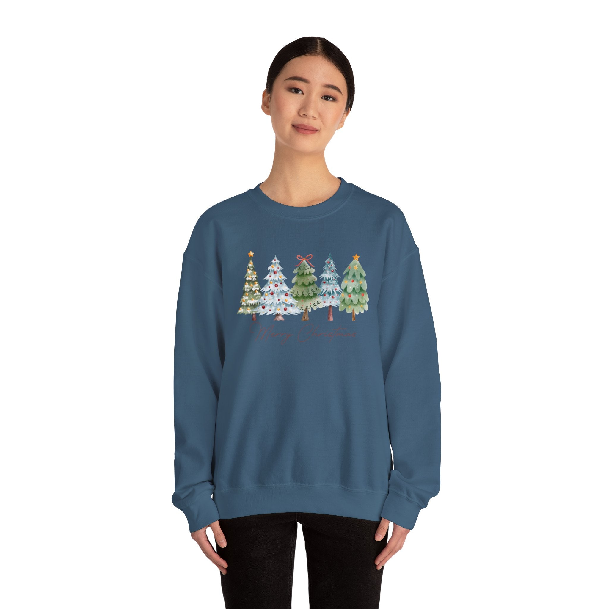 Merry Christmas Watercolor Trees - Adult Crewneck Sweatshirt