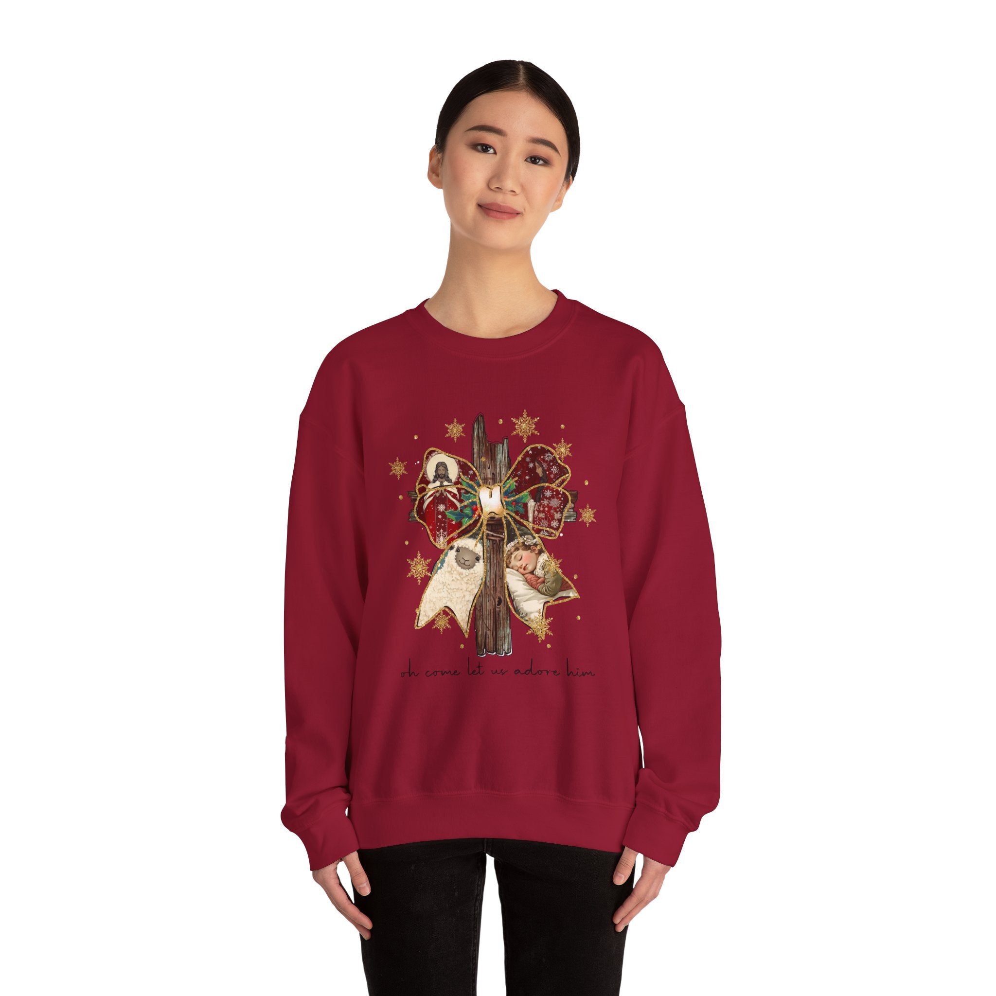 Rustic Christmas Cross with Bow- Adult Crewneck Sweatshirt