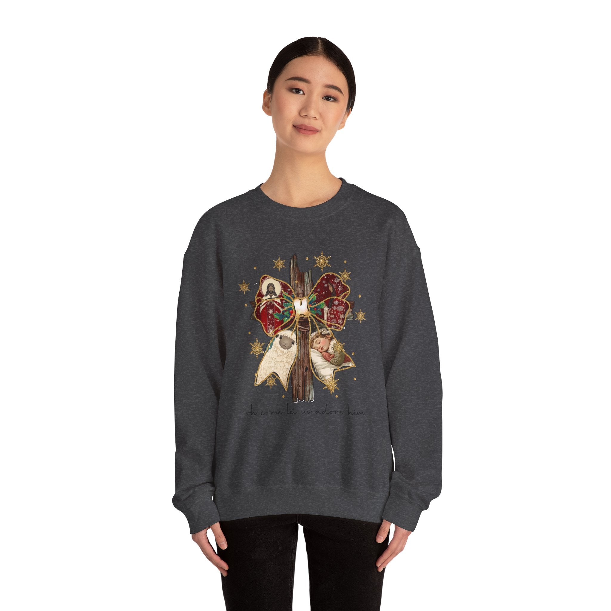 Rustic Christmas Cross with Bow- Adult Crewneck Sweatshirt