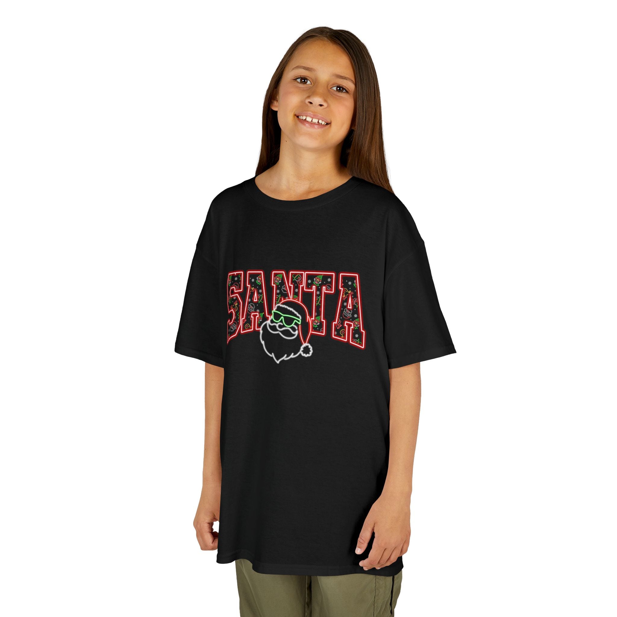 'SANTA' Plaid Letters with Festive Santa Face Christmas Kids— T-Shirt