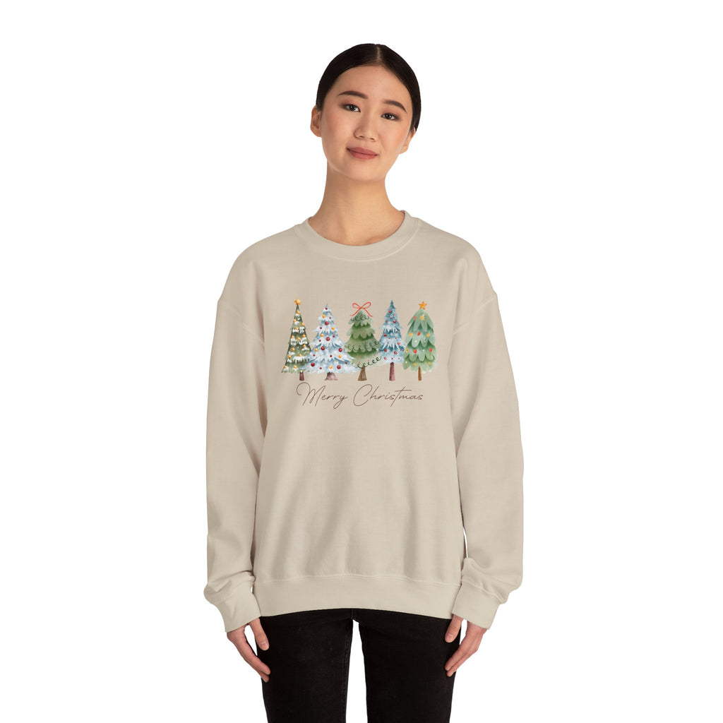 Merry Christmas Watercolor Trees - Adult Crewneck Sweatshirt