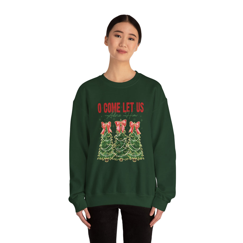 O Come Let Us Adore Him Crewneck Sweatshirt - Christmas Tree Caroling Holiday Sweater