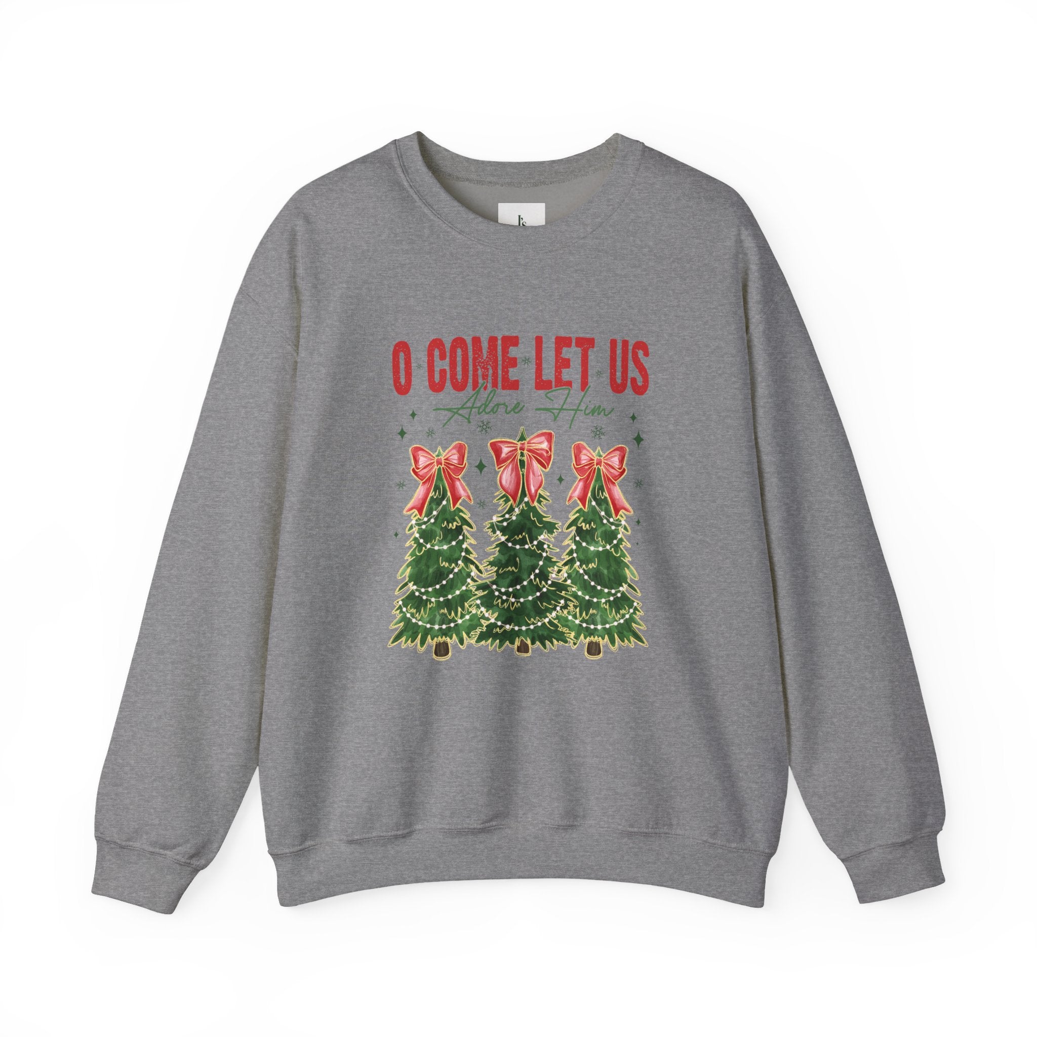 O Come Let Us Adore Him Crewneck Sweatshirt - Christmas Tree Caroling Holiday Sweater