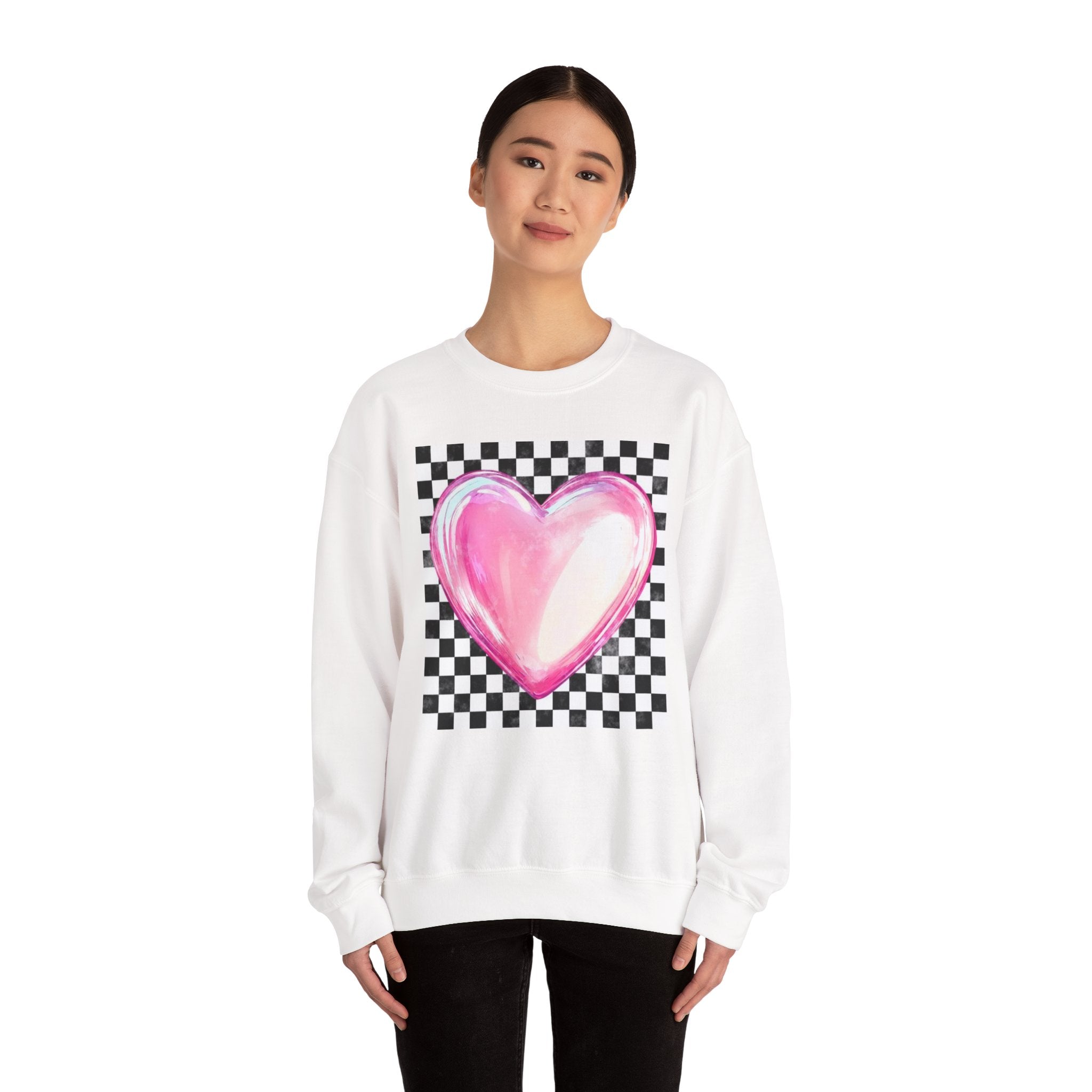 Pink Heart Checkerboard- Adult Crewneck Sweatshirt